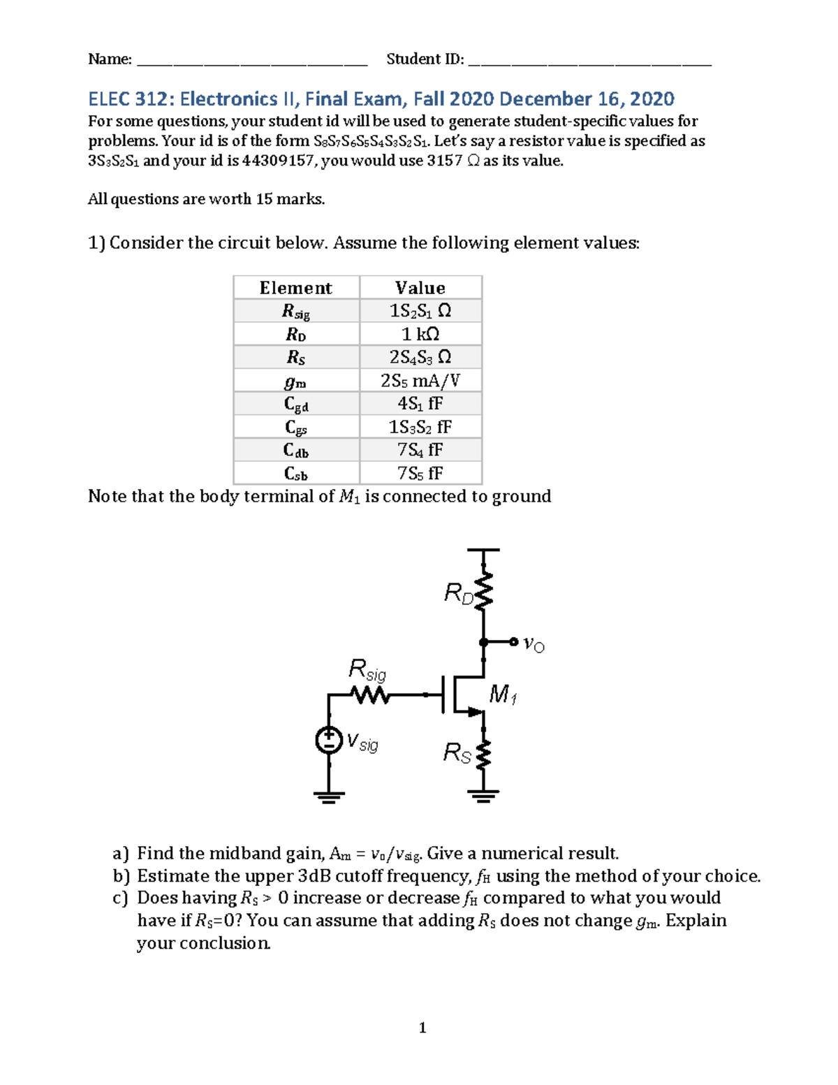 ELEC 312 Fall 2020 Final Exam Solutions and Circuit Analysis - Studocu