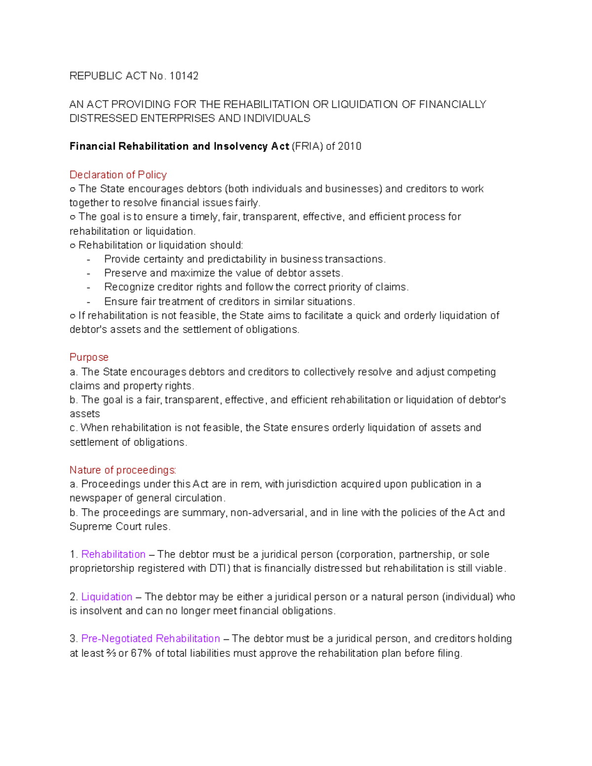 FRIA Reviewer - Summary of Republic Act No. 10142 (RFBT) - Studocu