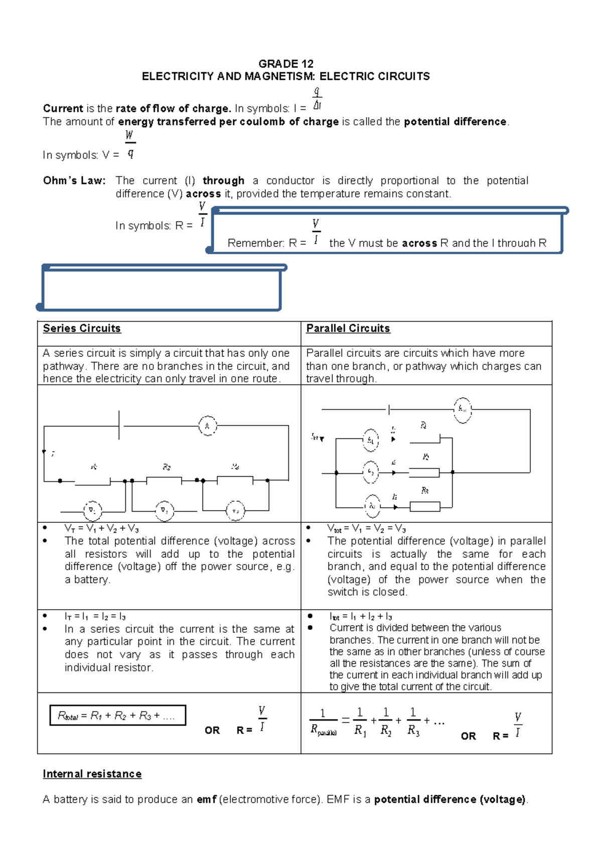Grade 12 Electricity & Magnetism: Circuit Analysis Worksheet - Studocu