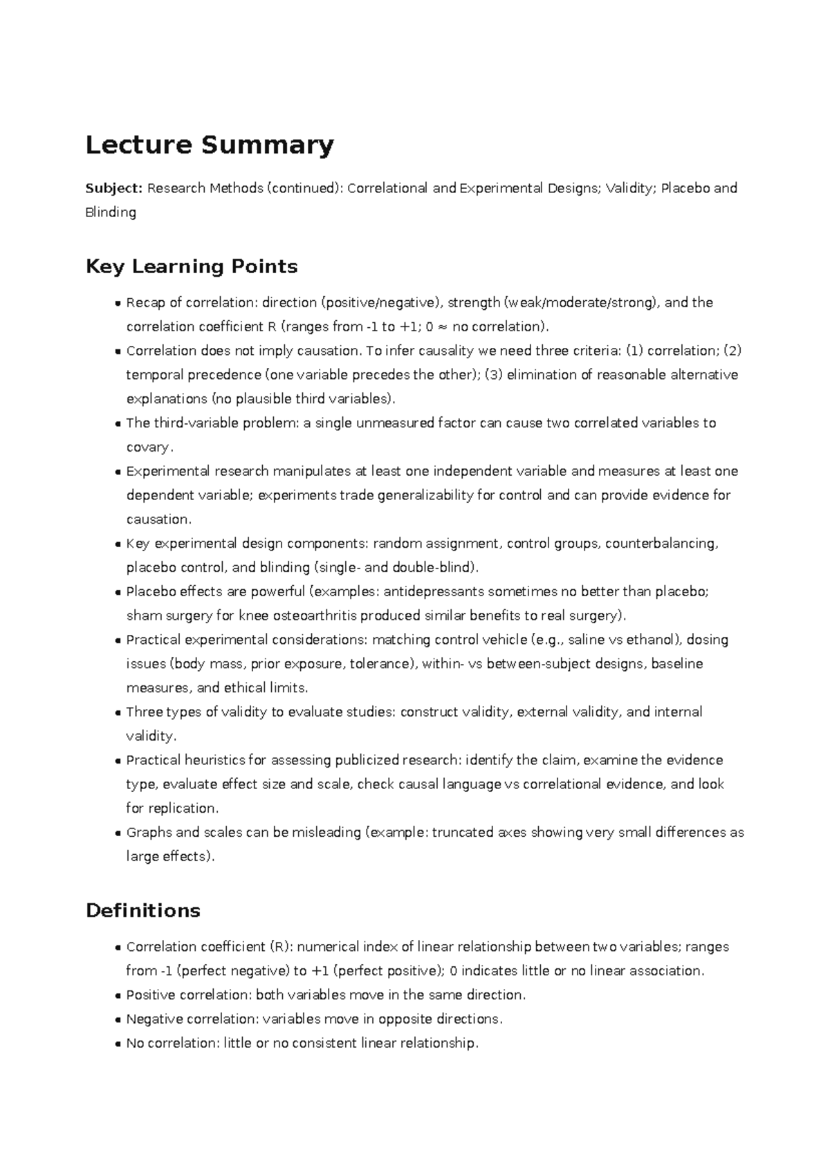 Lecture Summary: Research Methods - Correlation & Experimentation - Studocu