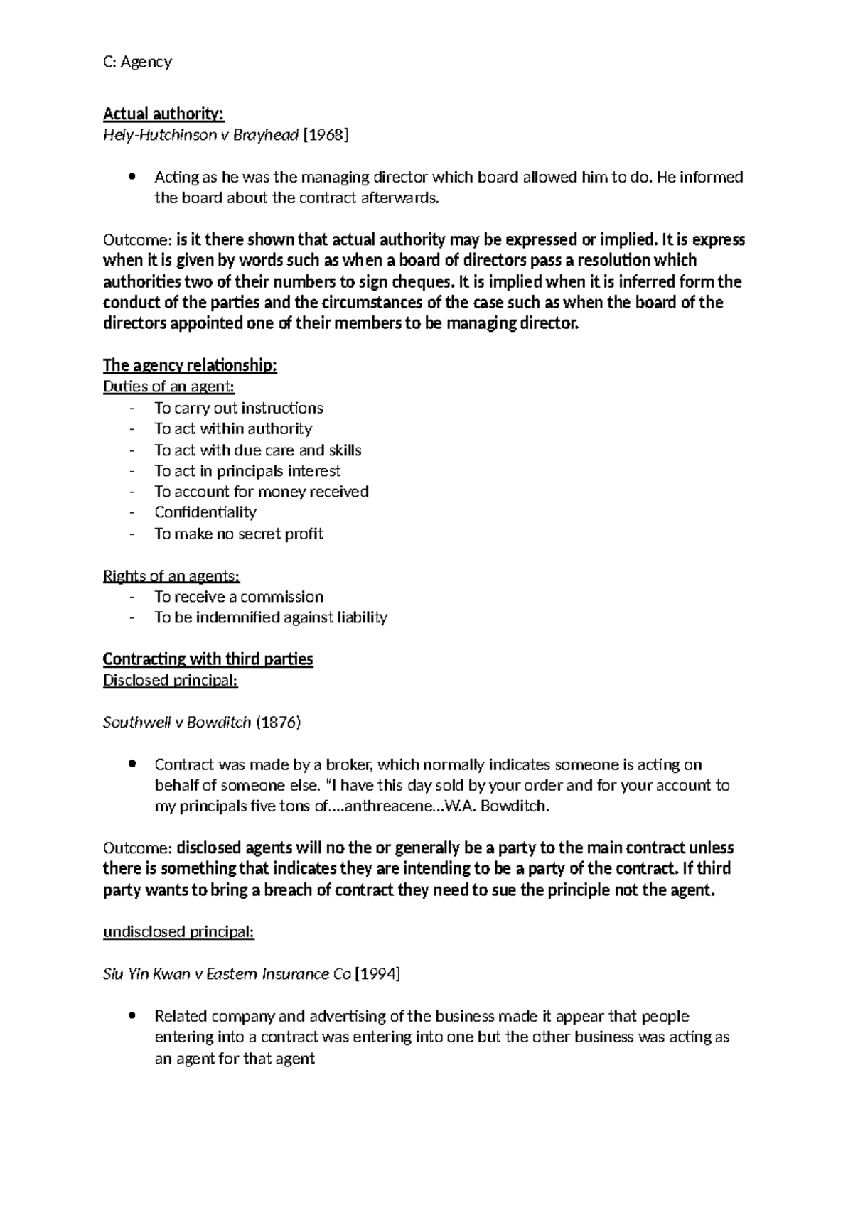 C: Agency - Notes on Actual and Apparent Authority Concepts - Studocu