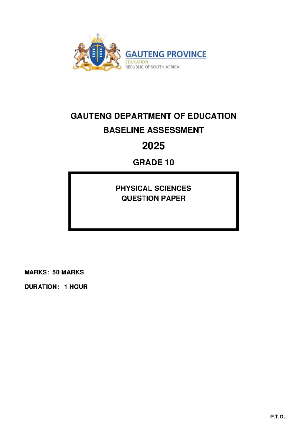 Grade 10 Physical Sciences Baseline Assessment 2025 - Question Paper ...
