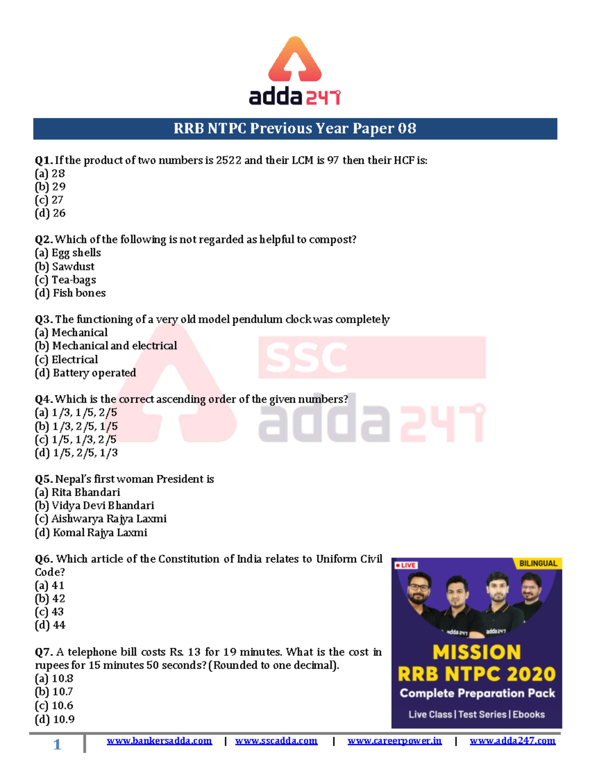 RRB NTPC Previous Year Paper 08 English Questions and Answers - Studocu