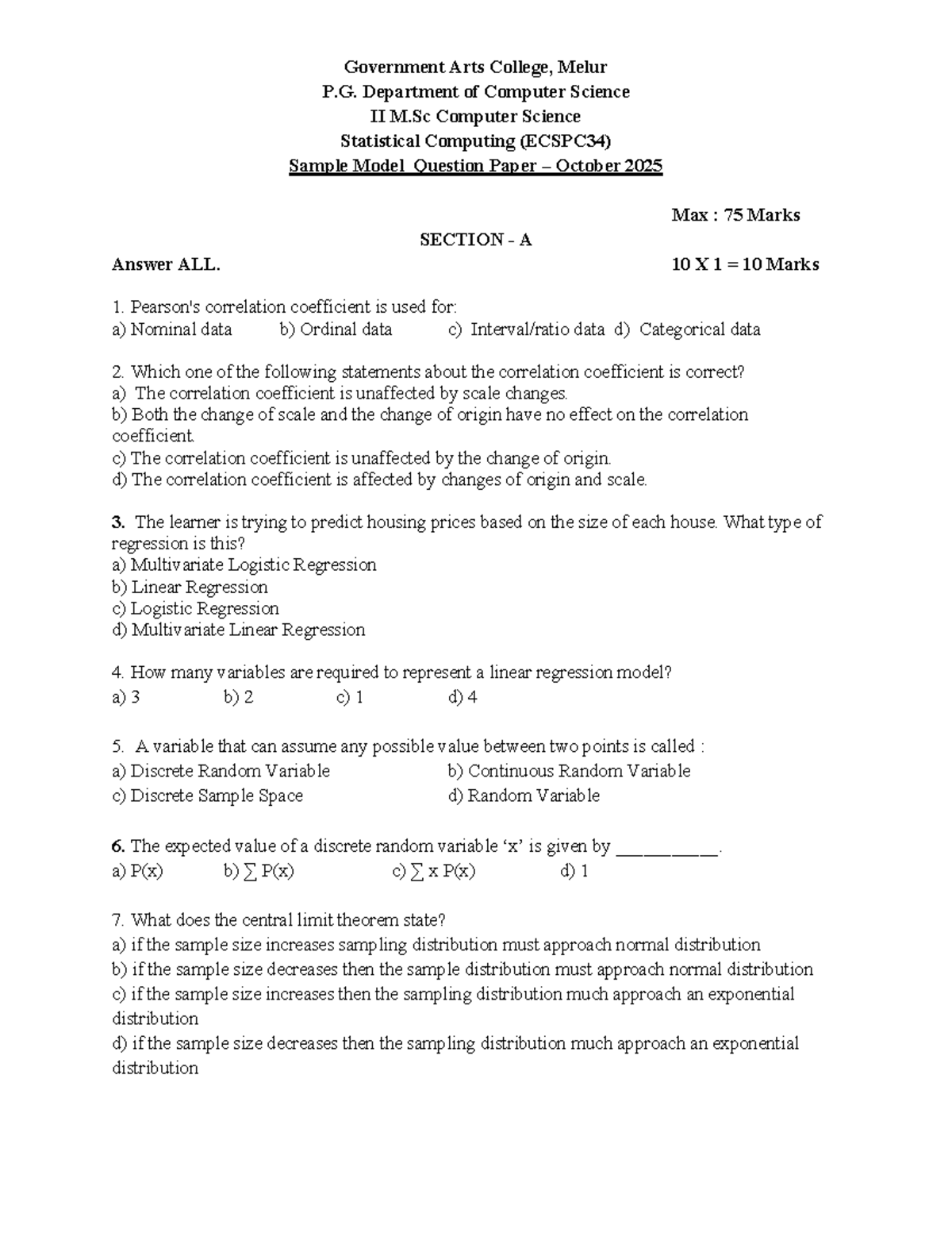 IIMSC Statistical Computing Model Exam Question Paper (ECSPC34) - Studocu