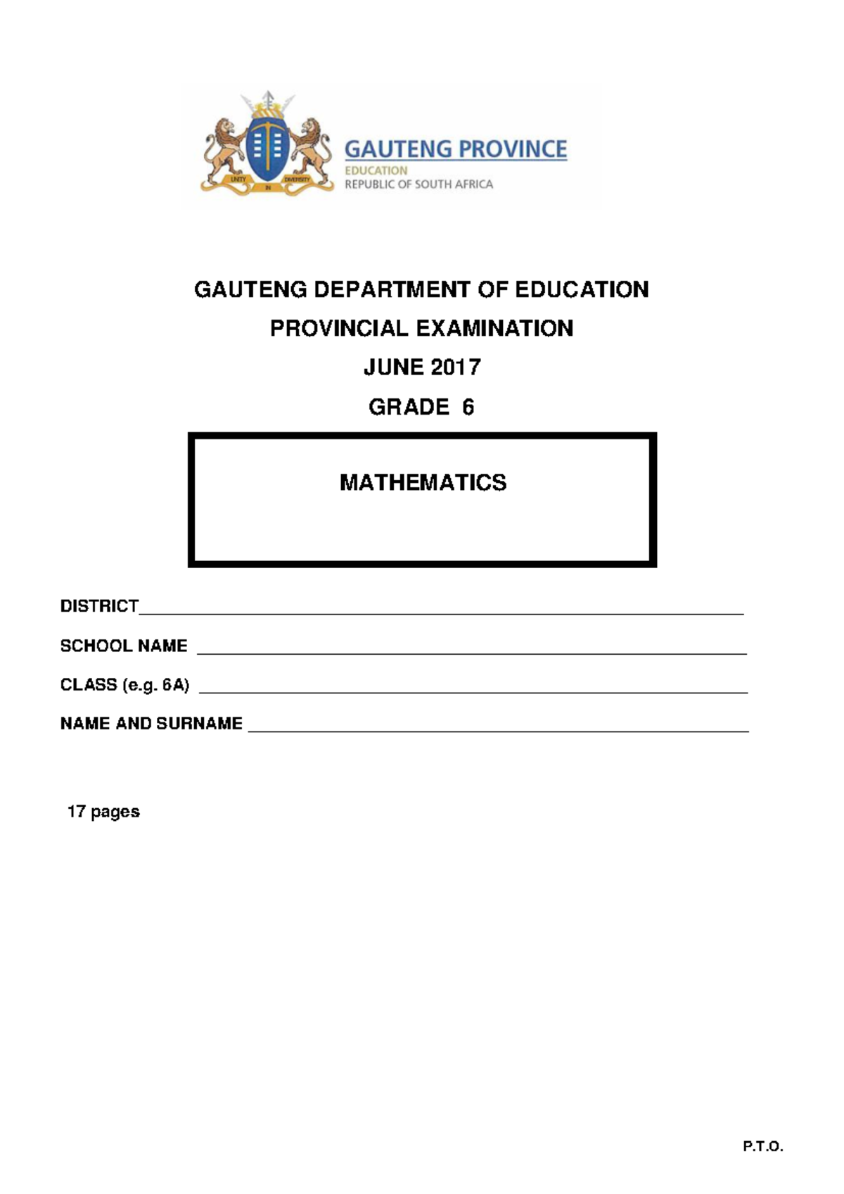 Grade 6 Provincial Mathematics Exam Paper June 2017 - Studocu