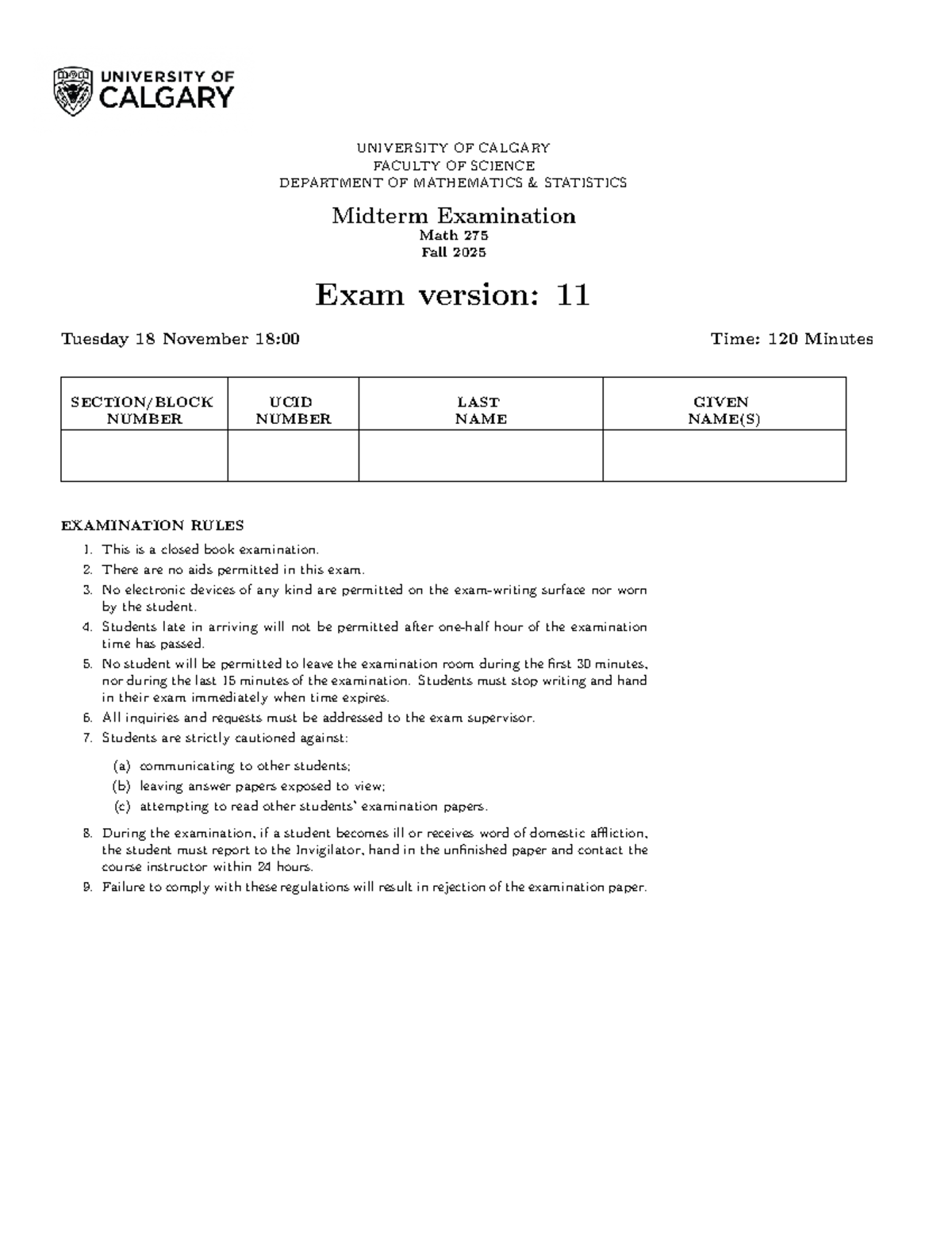 Math 275 Midterm Exam Fall 2025 - Version 11 - Studocu