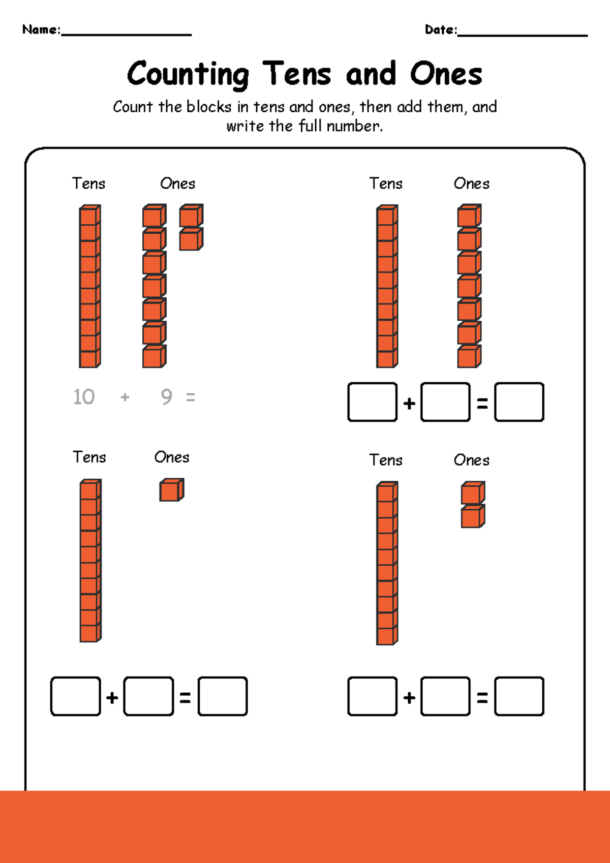 Counting Tens and Ones - Kindergarten Worksheet - 10 + 9 = Name: Date ...