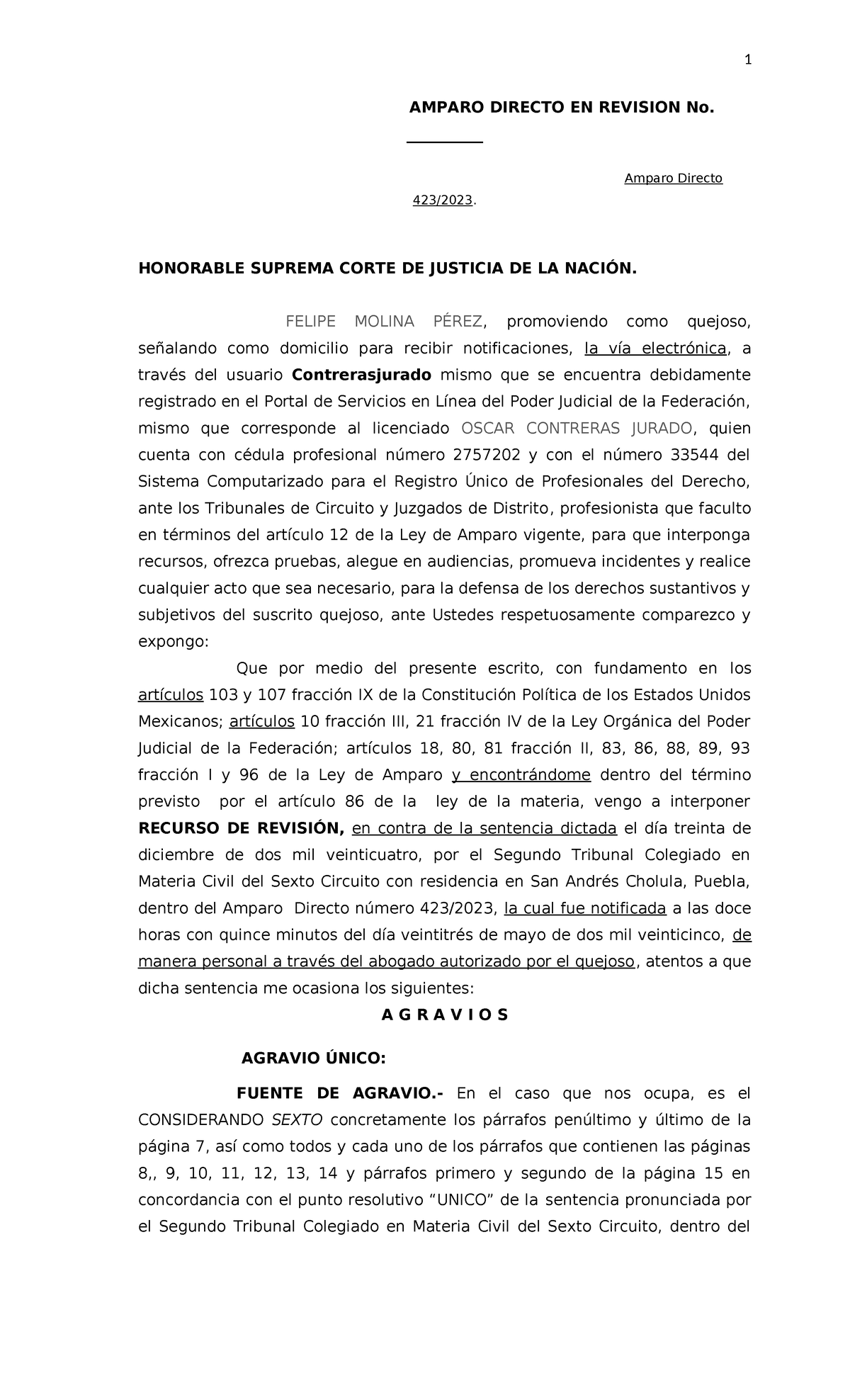 Recurso de Revisión en Amparo Directo No. 12345 ante la SCJN - Studocu