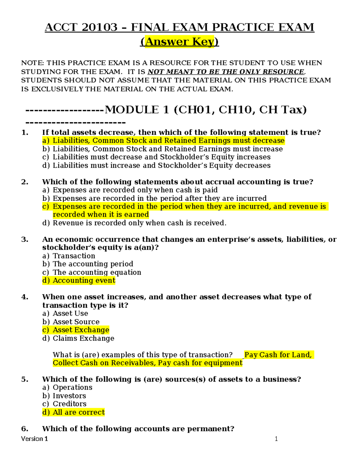 ACCT 20103 FINAL EXAM PRACTICE EXAM (Answer Key) Guide - Studocu