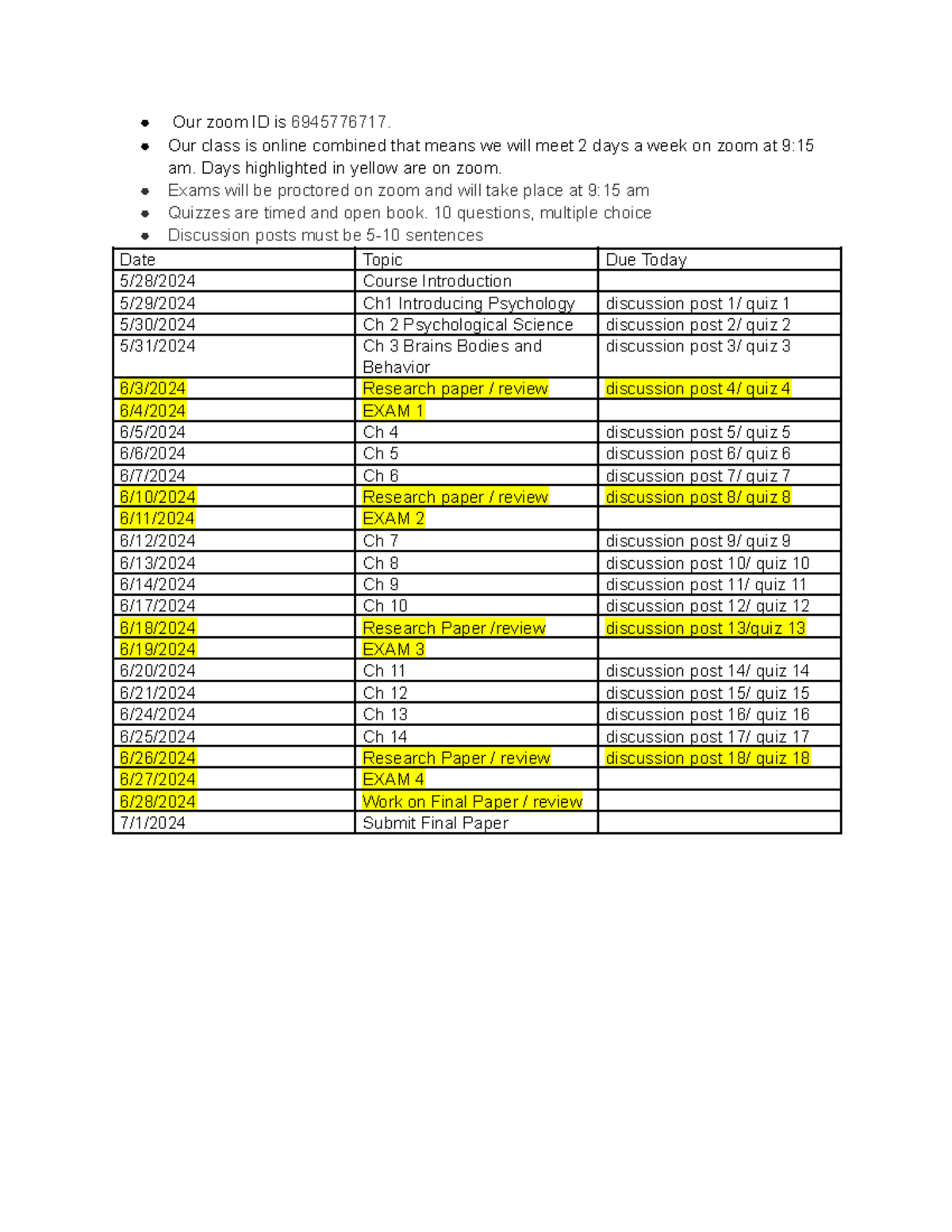 Psychology 111: Full Course Schedule & Important Dates - Studocu
