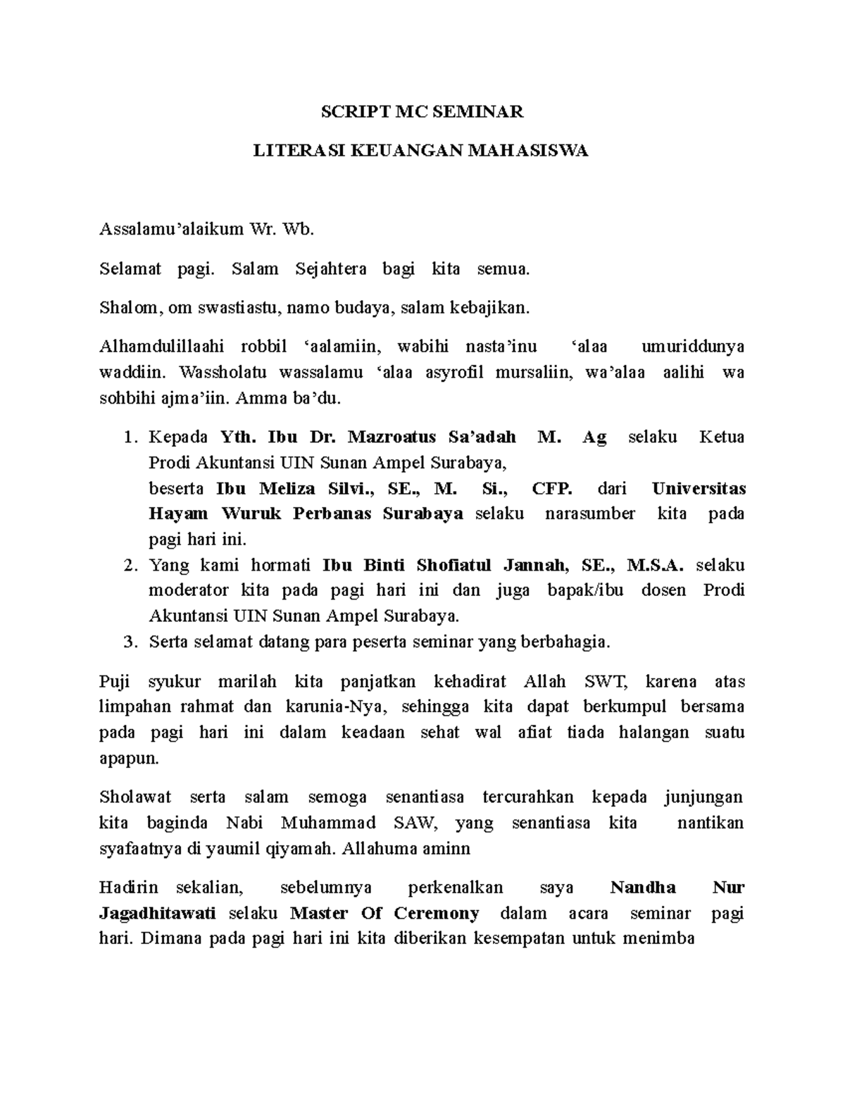 Script MC Seminar - Literasi Keuangan Mahasiswa - Studocu
