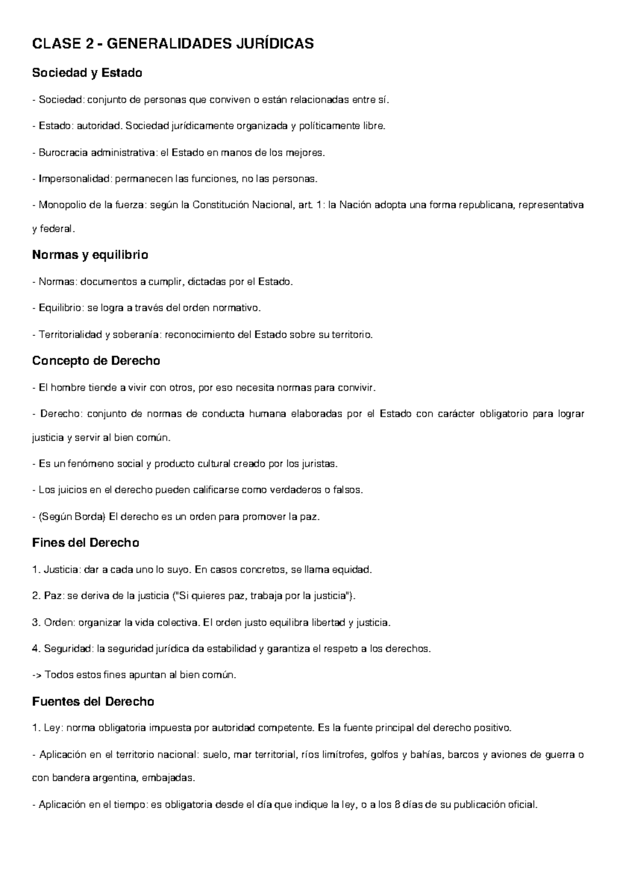 CLASE 2 RESUMEN - GENERALIDADES JURÍDICAS Y DERECHO - Studocu