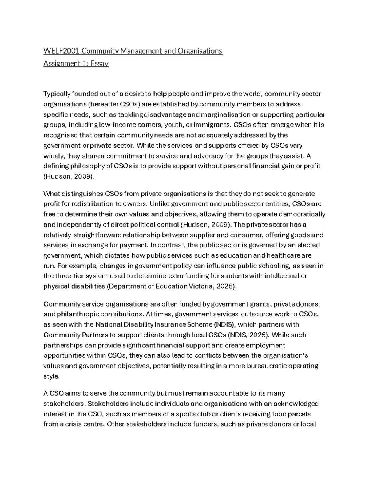 WELF2001 Community management and organisations assignment 1: CSO essay ...