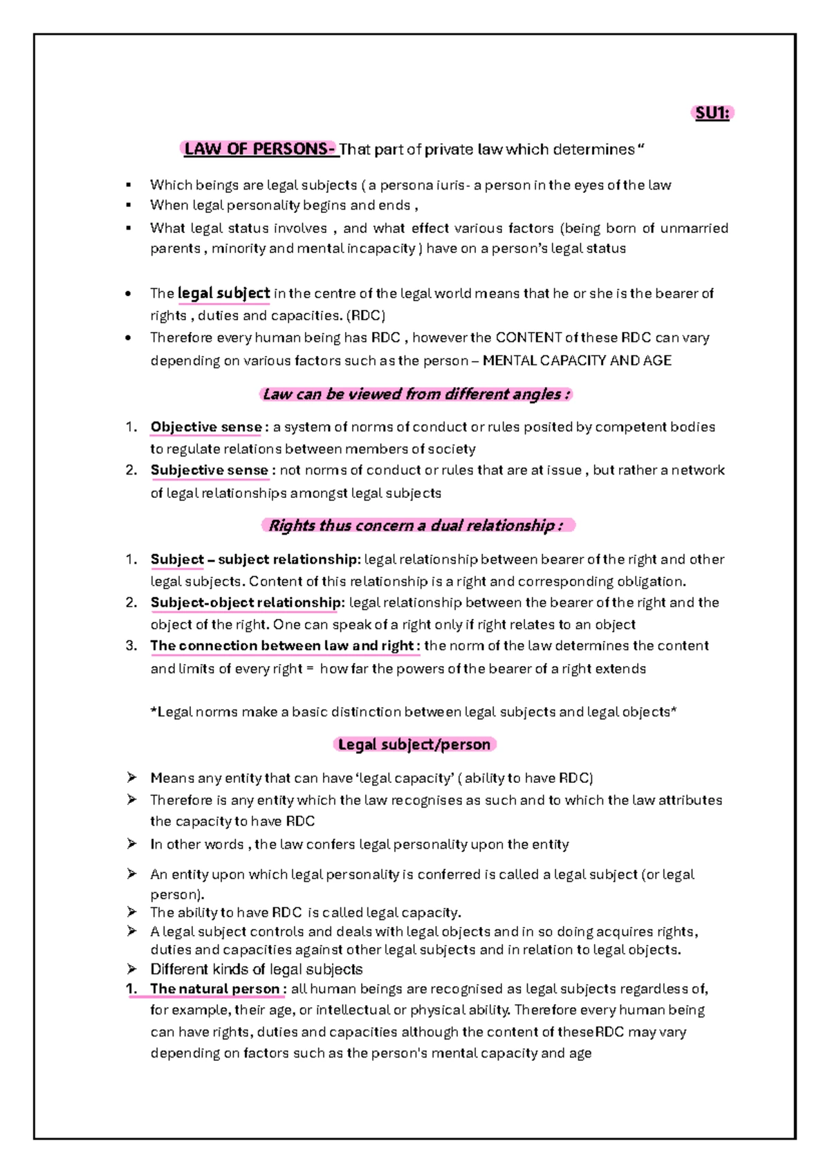 Law of Persons - Summary Overview for SU1 & SU2 in South Africa - Studocu