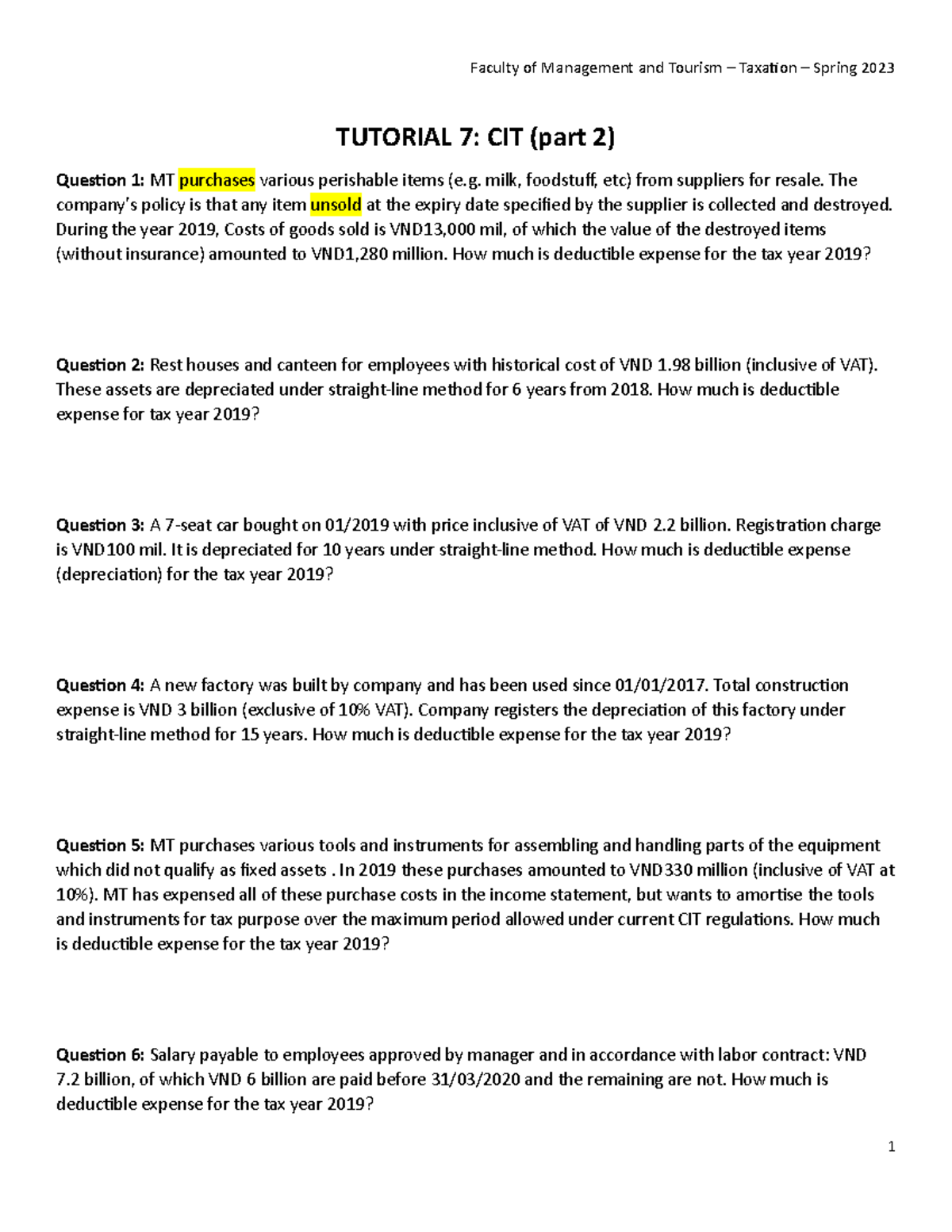 CIT Tutorial 7 - Part 2: Deductible Expenses for 2019 Analysis - Studocu