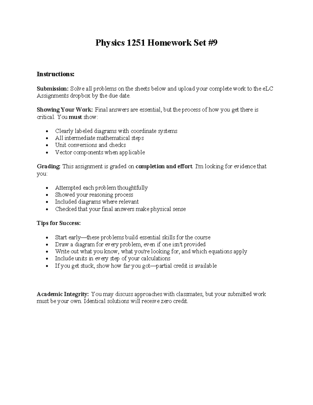 Physics 1251 Homework 9 - Problem Set Instructions and Tips - Studocu