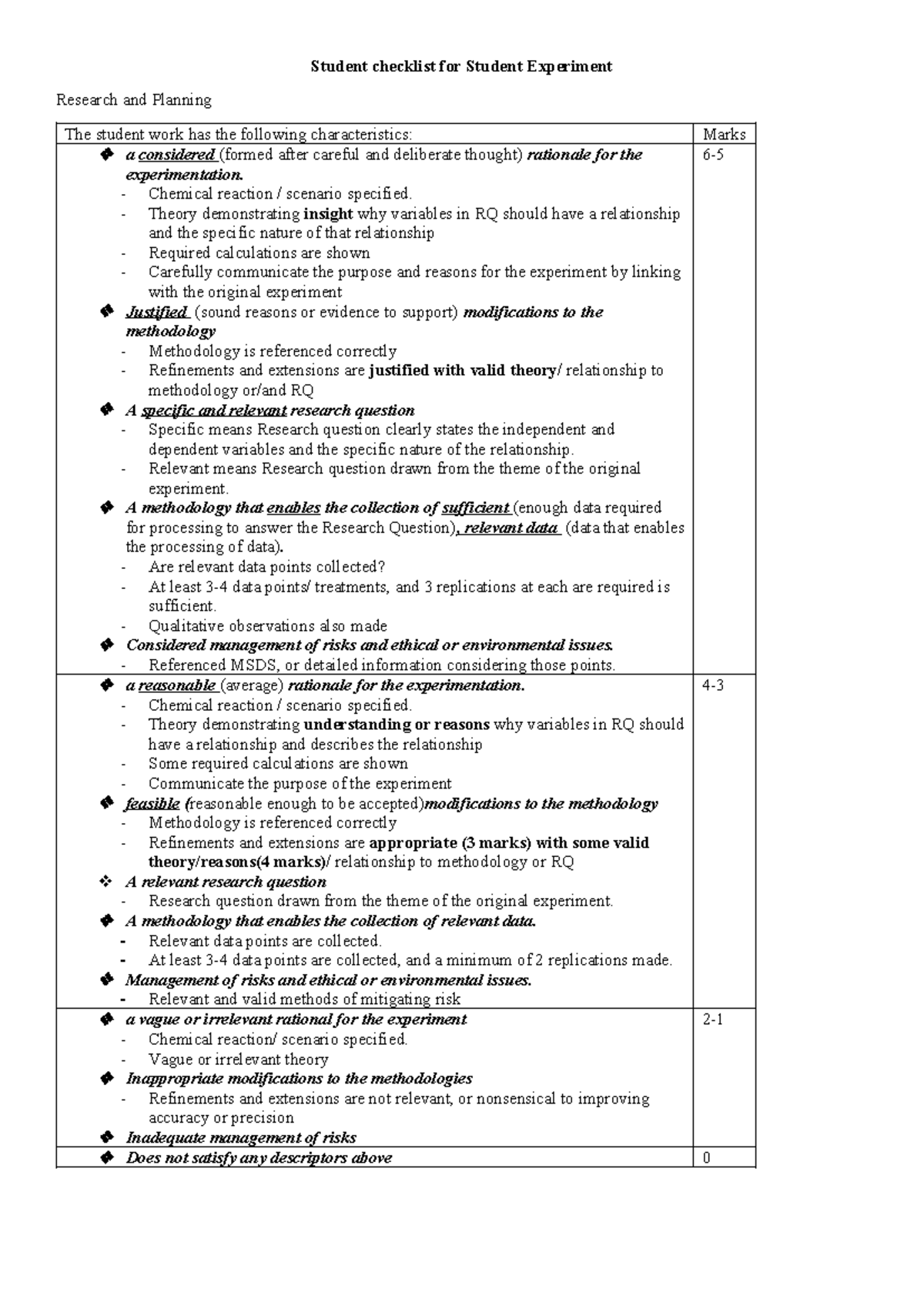 Student Experiment Checklist - Student checklist for Student Experiment ...