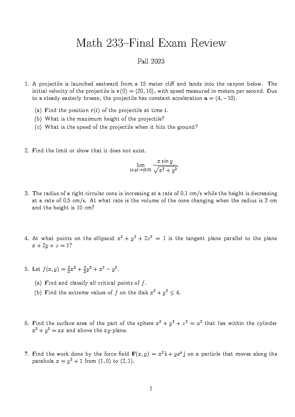 Math 233 Final Exam Review Insights for Dec 12, 2023 - Studocu