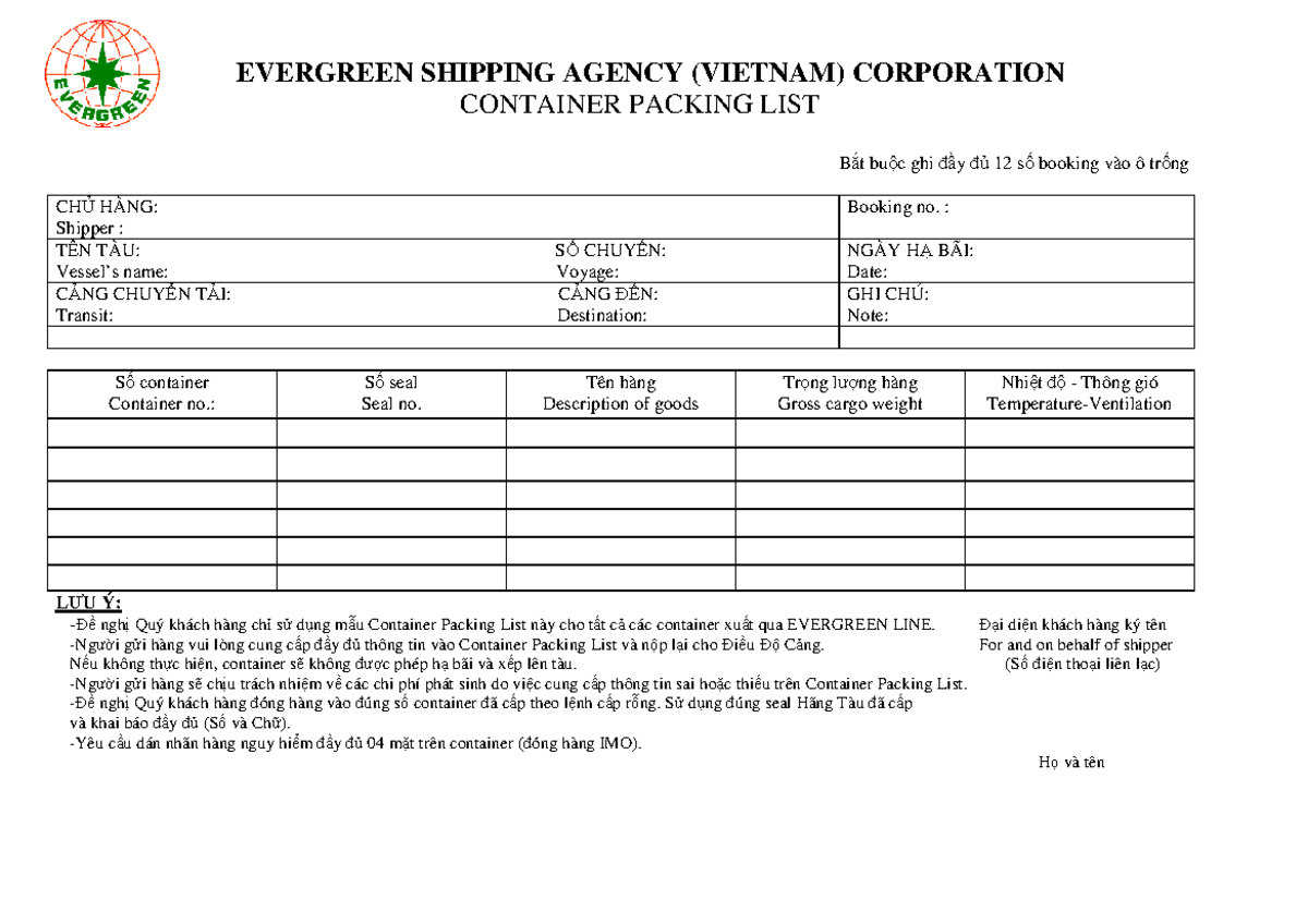 Container Packing List for Evergreen - Vietnam Shipment - Studocu