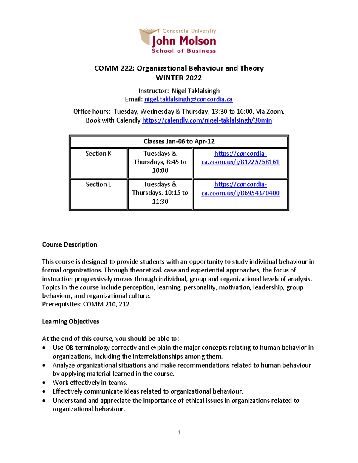 COMM 222 Course Syllabus Winter 2022 - COMM 222: Organizational ...