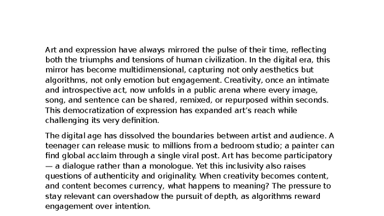 Art & Expression in the Digital Era: Reflection & Innovation - Studocu