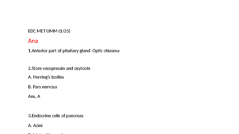 EDC MET UMM (1-25) - Endocrine System Practice Questions - Studocu