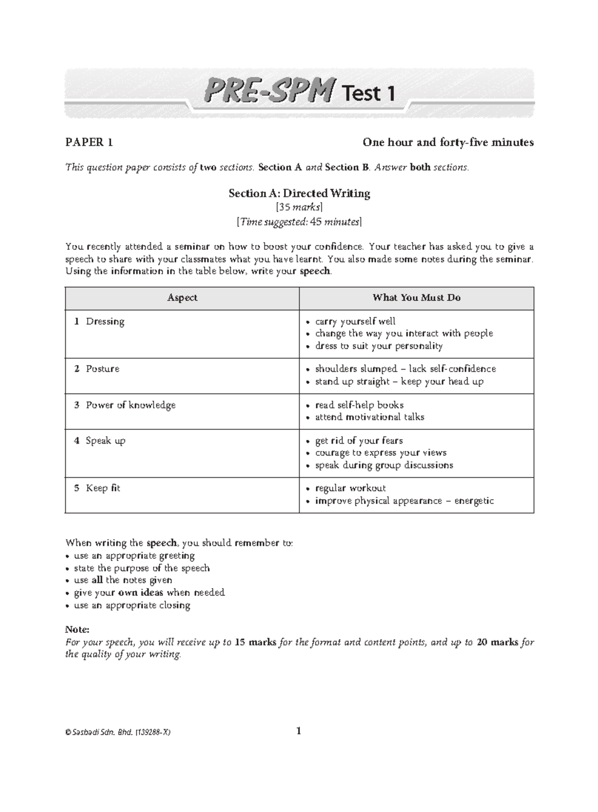 English PRE-SPM Test 1: Comprehensive Exam Paper - Studocu