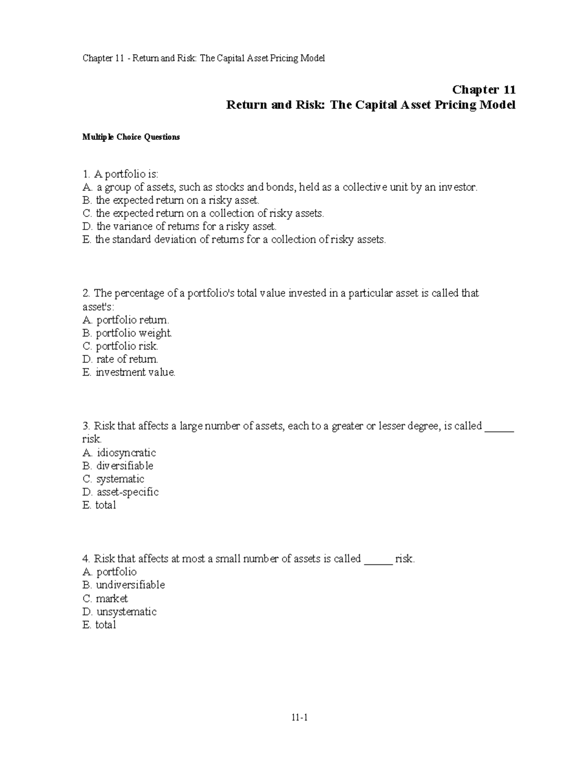 Chap011 - dfdf - Chapter 11 Return and Risk: The Capital Asset Pricing ...