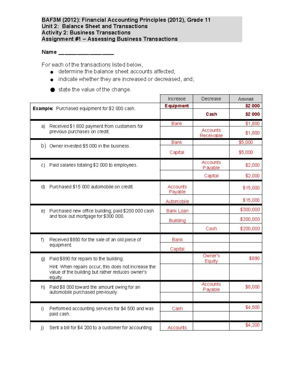 BAF3M Unit 2A2 Assignment: Assessing Business Transactions - Studocu