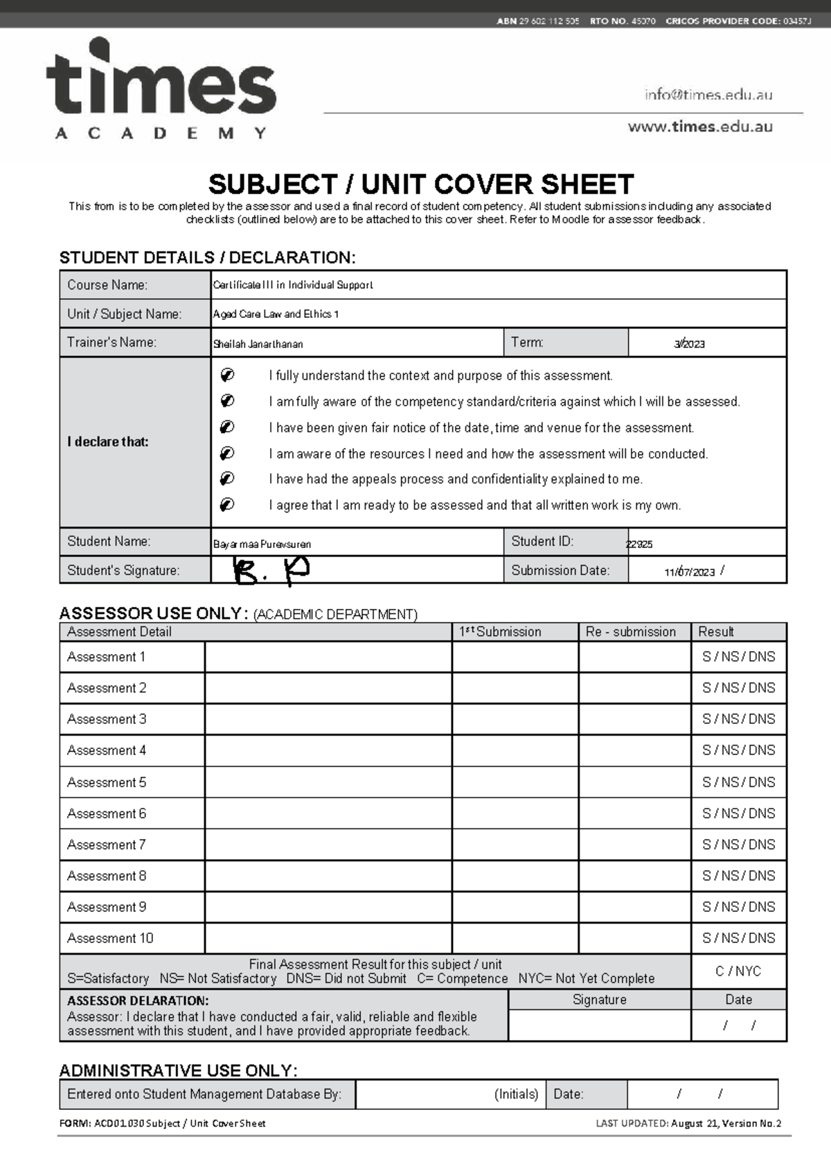 10 Assignment ACD 01.030 Subject Unit Cover Sheet - Studocu