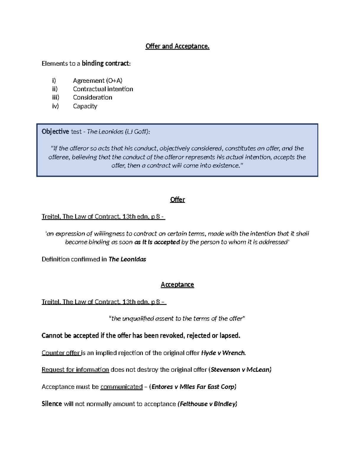 Contract Law Summary Sheet - Offer and Acceptance. Elements to a ...