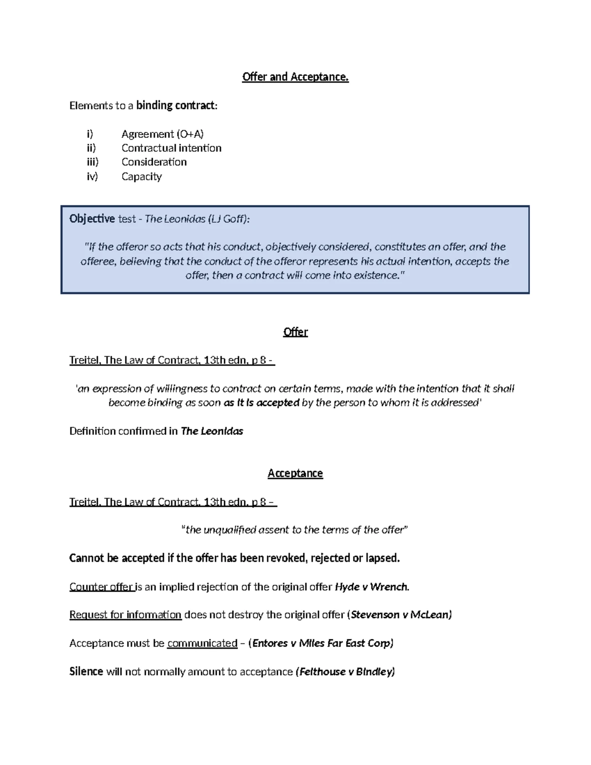 Contract Law: Chapter 1 - Offer, Acceptance, and Intention - Studocu