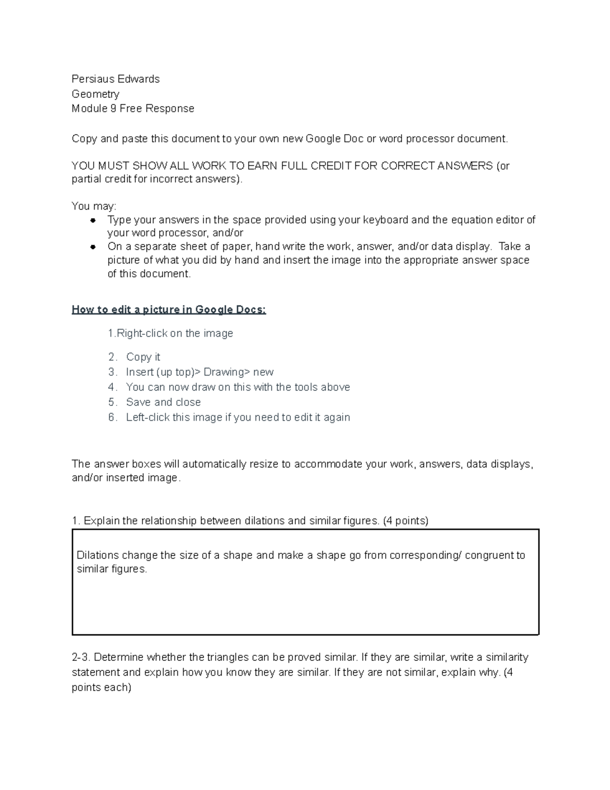 Copy of Geometry Module 9 Free Response 2024-2025 - Persiaus Edwards ...