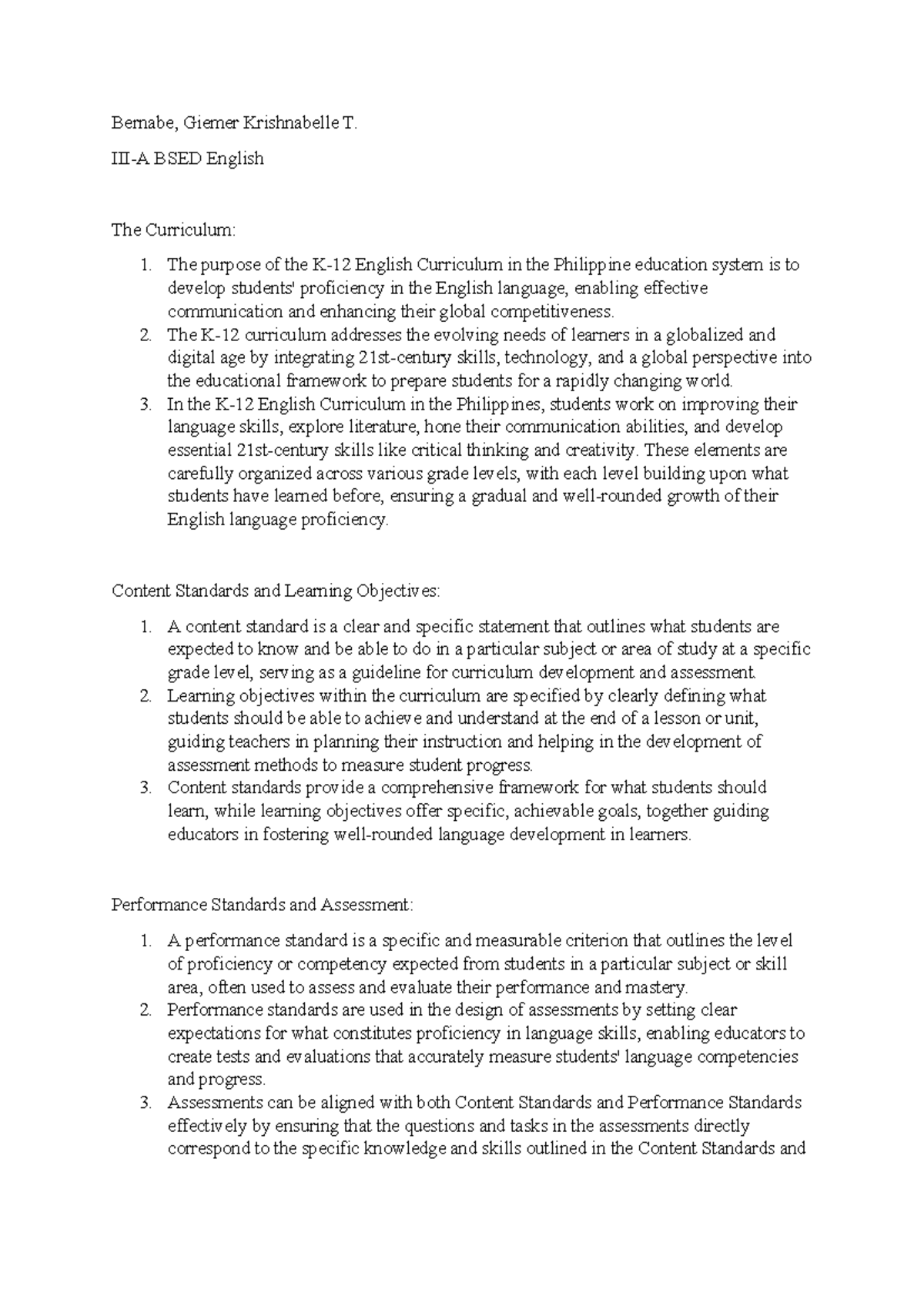 BSED English: Curriculum Overview and Assessment Learning 2 - Studocu