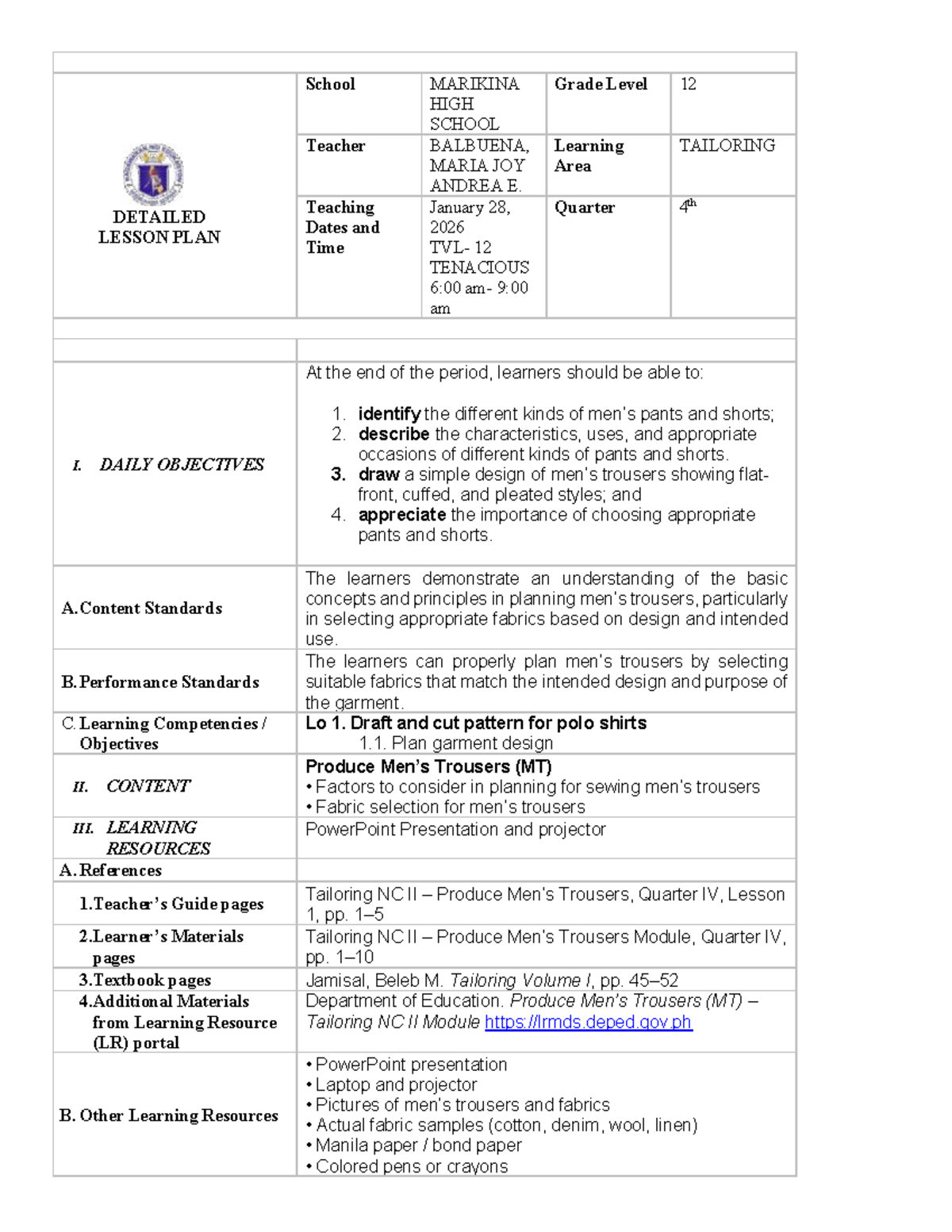 DLP: Tailoring Lesson Plan for Grade 12 - Quarter 4 - Studocu