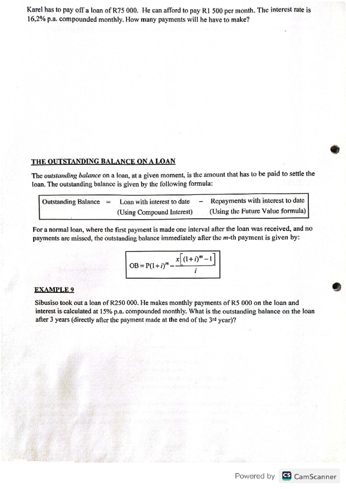 Financial Mathematics Notes: Loan Repayment & Outstanding Balance - Studocu