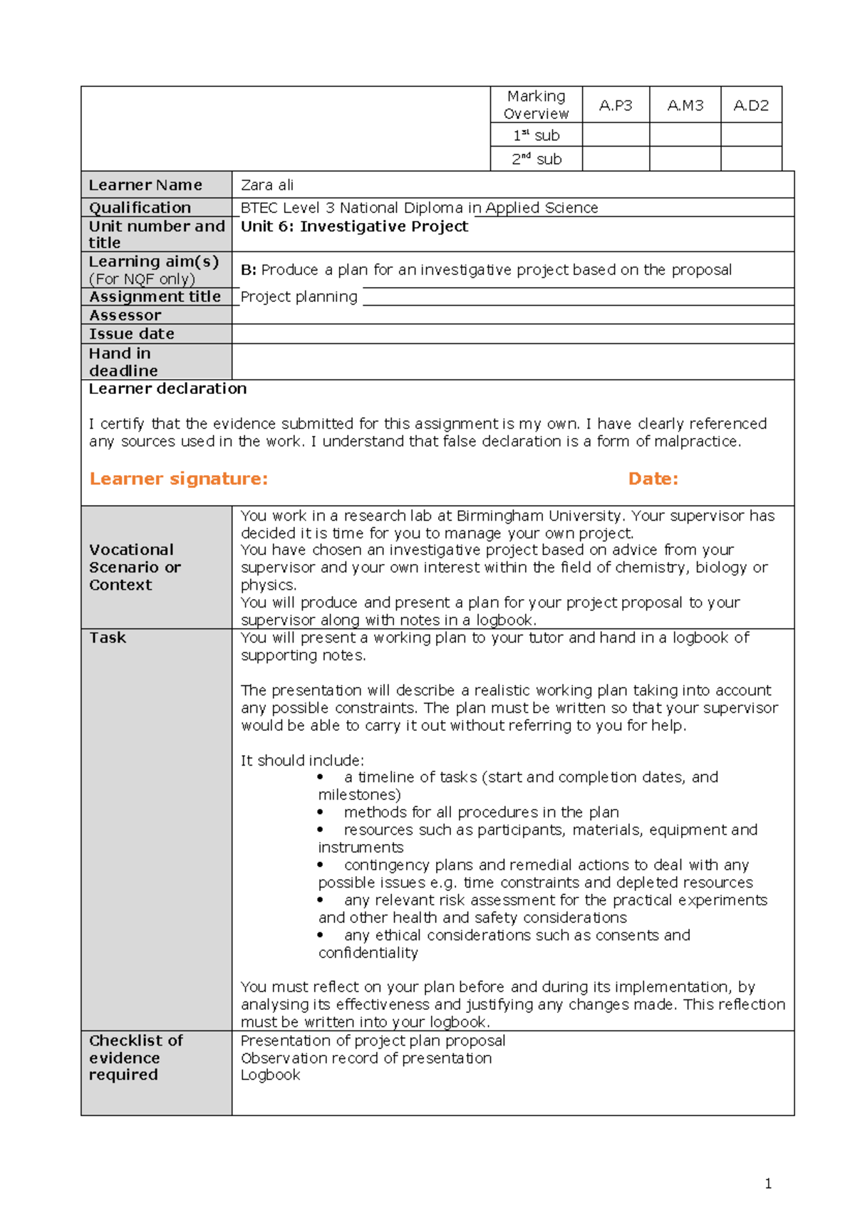 BTEC Level 3 National Diploma Unit 6: Investigative Project Plan - Studocu