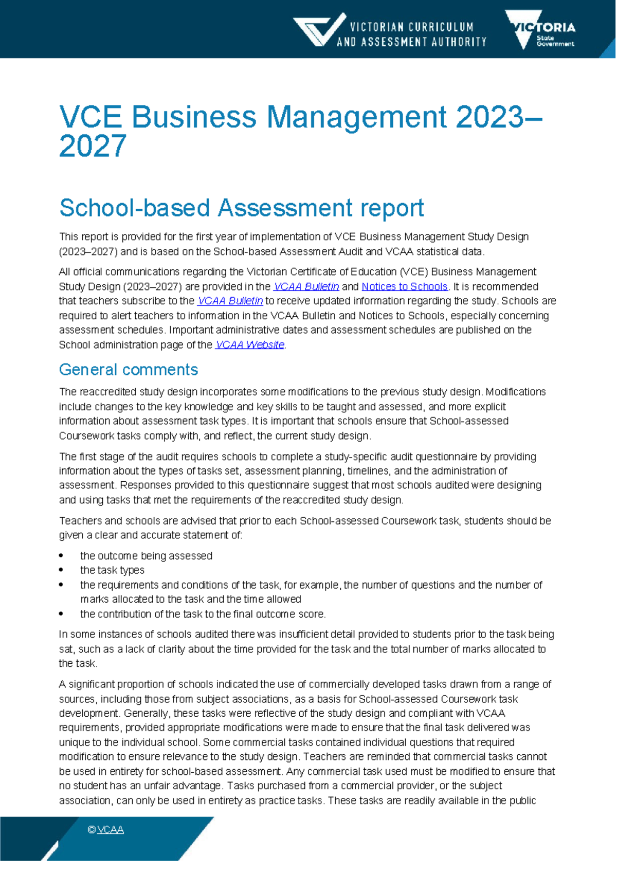 VCE Business Management 2027 SBA Implementation Report - Studocu