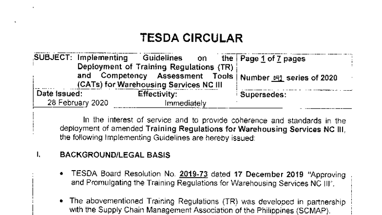 TESDA Circular No. 042-2020: Guidelines for Warehousing Services NC ...