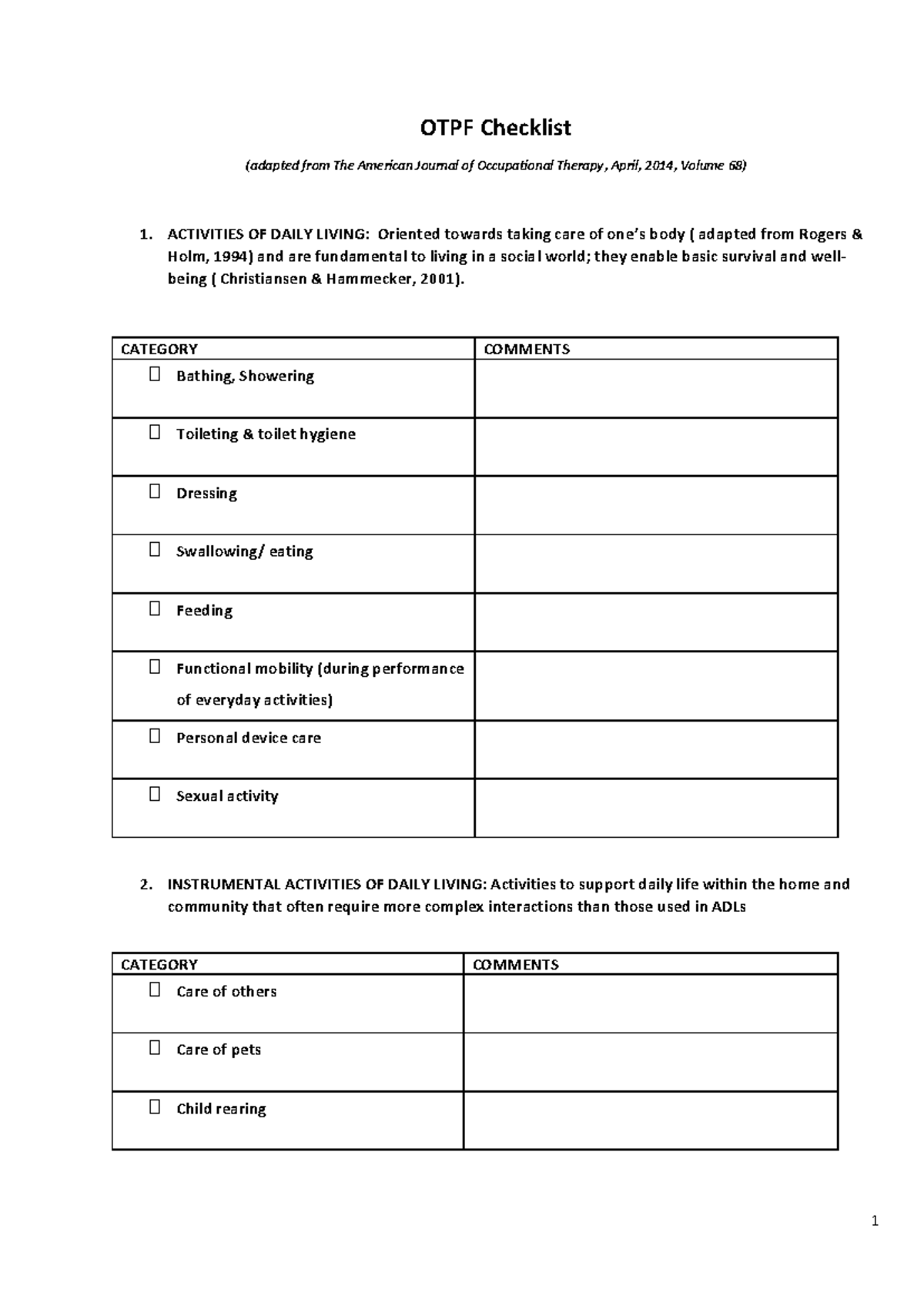 OTPF Checklist Assessment Form for Occupational Therapy - Studocu