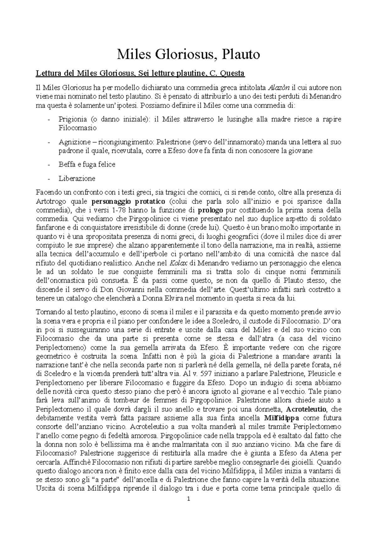 Fortuna della cultura classica: Analisi del Miles Gloriosus di Plauto ...