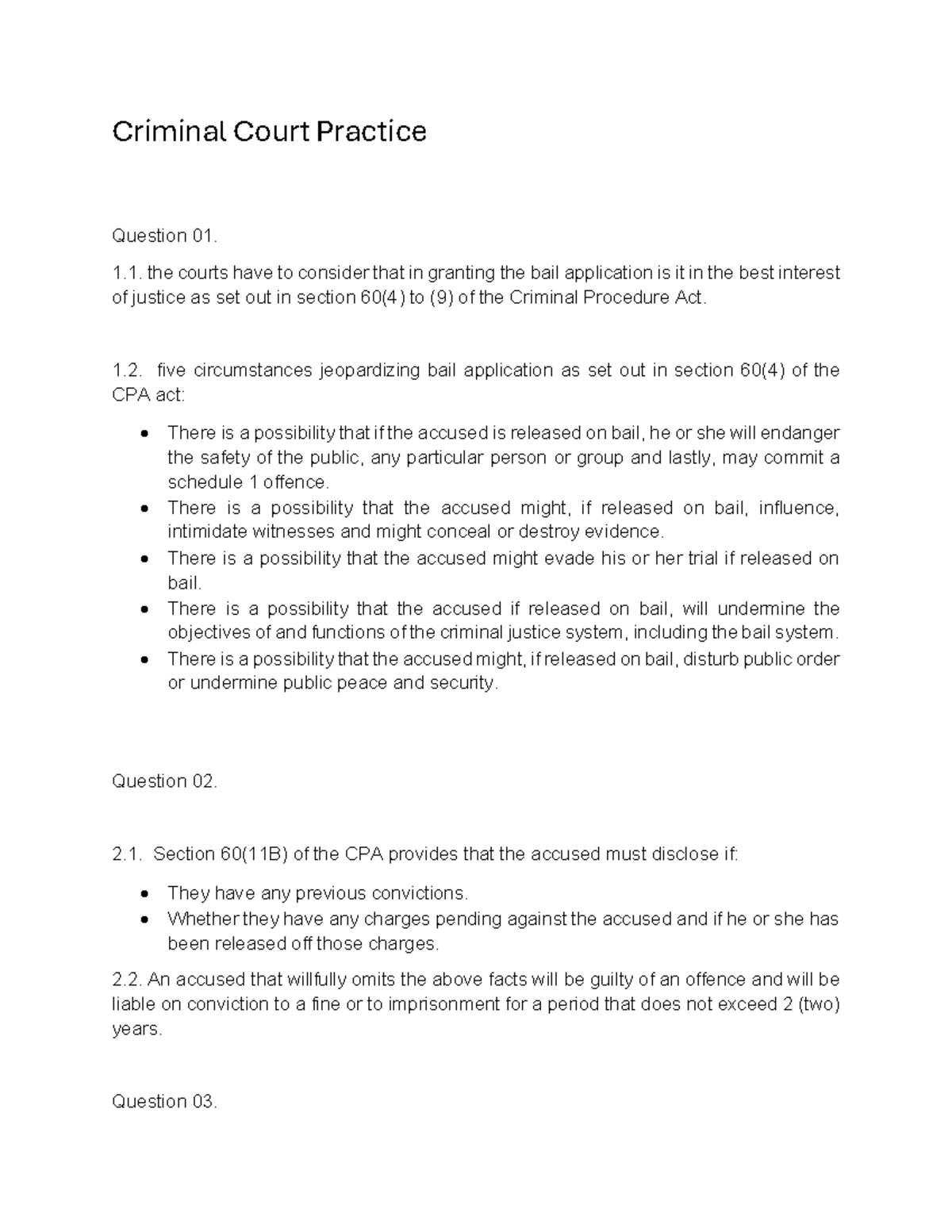 Criminal Court Practice: Key Questions and Legal Provisions - Studocu