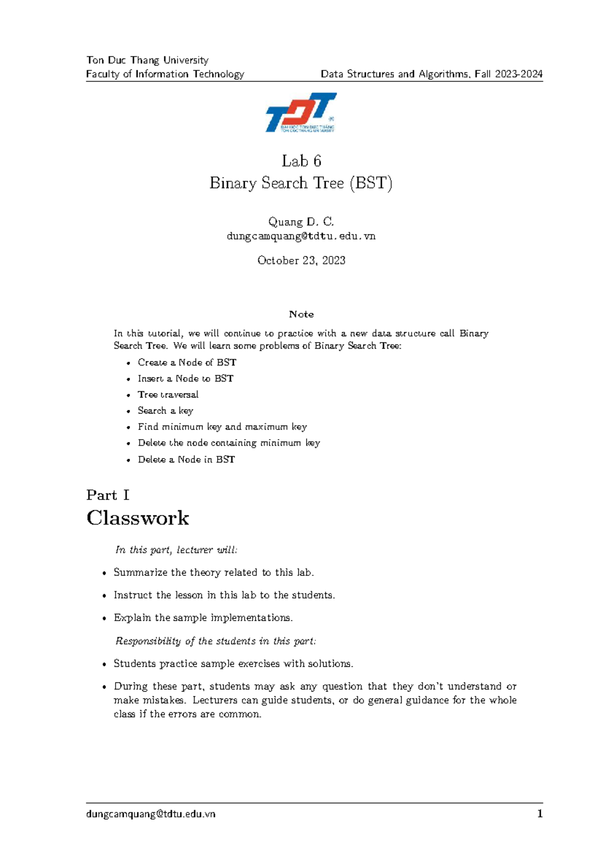 Lab 6 - Binary Search Tree (BST) Tutorial for DSA Course - Studocu