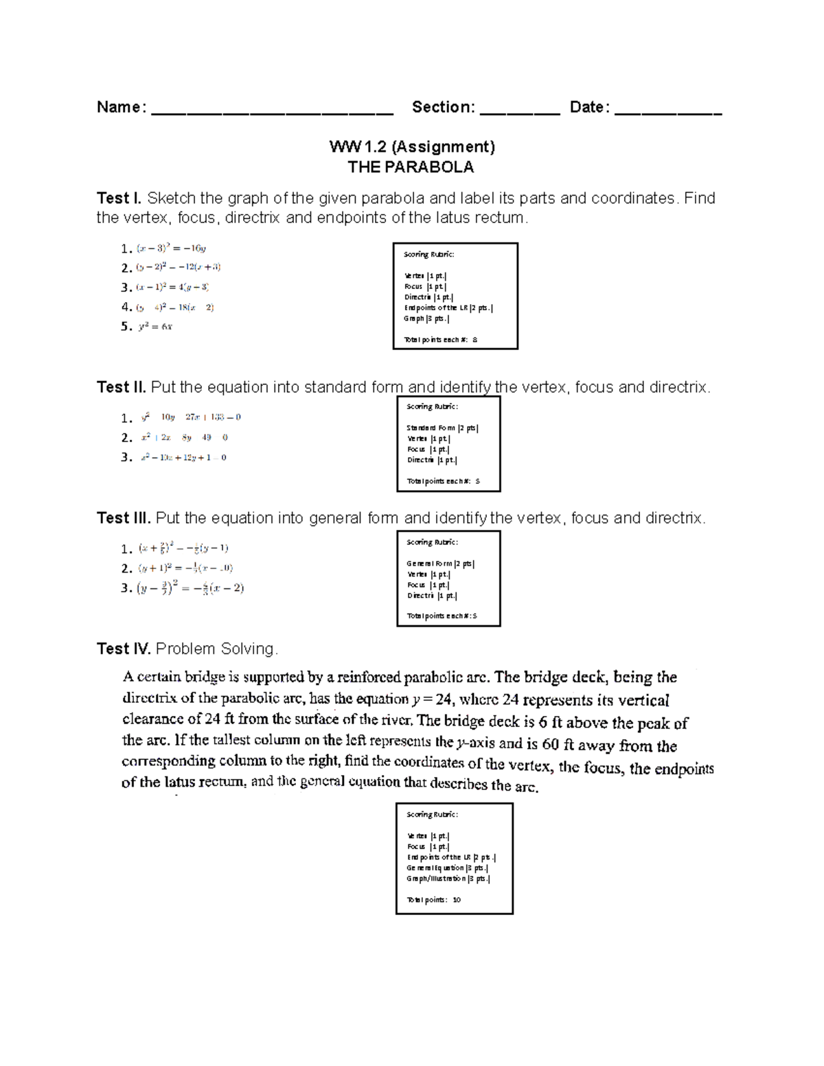 Pre Cal - WW1 Assignment: Understanding Parabolas and Their Properties ...