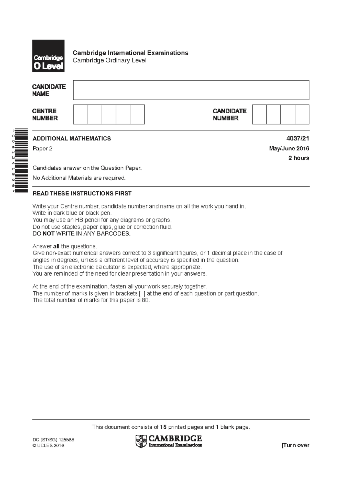 Cambridge O Level Additional Mathematics Paper 2 2017 Mark Scheme - Studocu