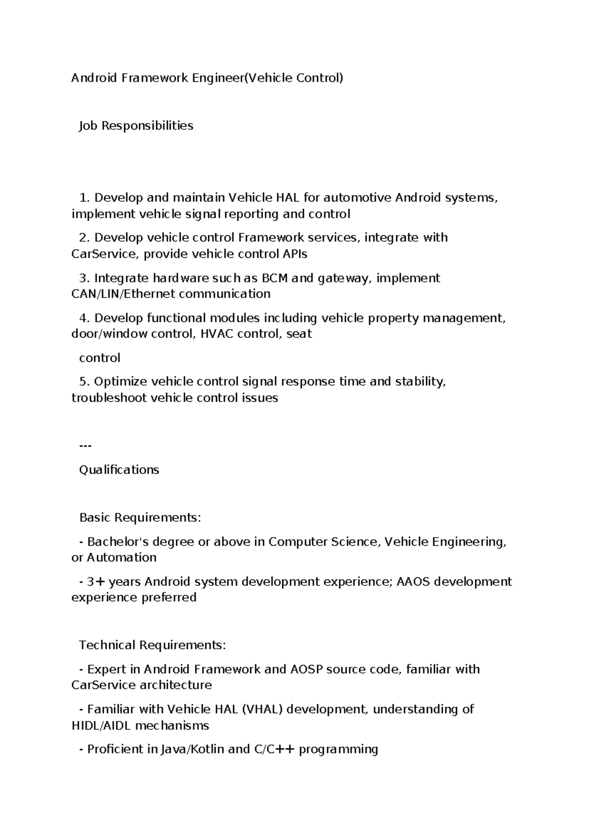 Android Framework Engineer (Vehicle Control) Job Responsibilities ...