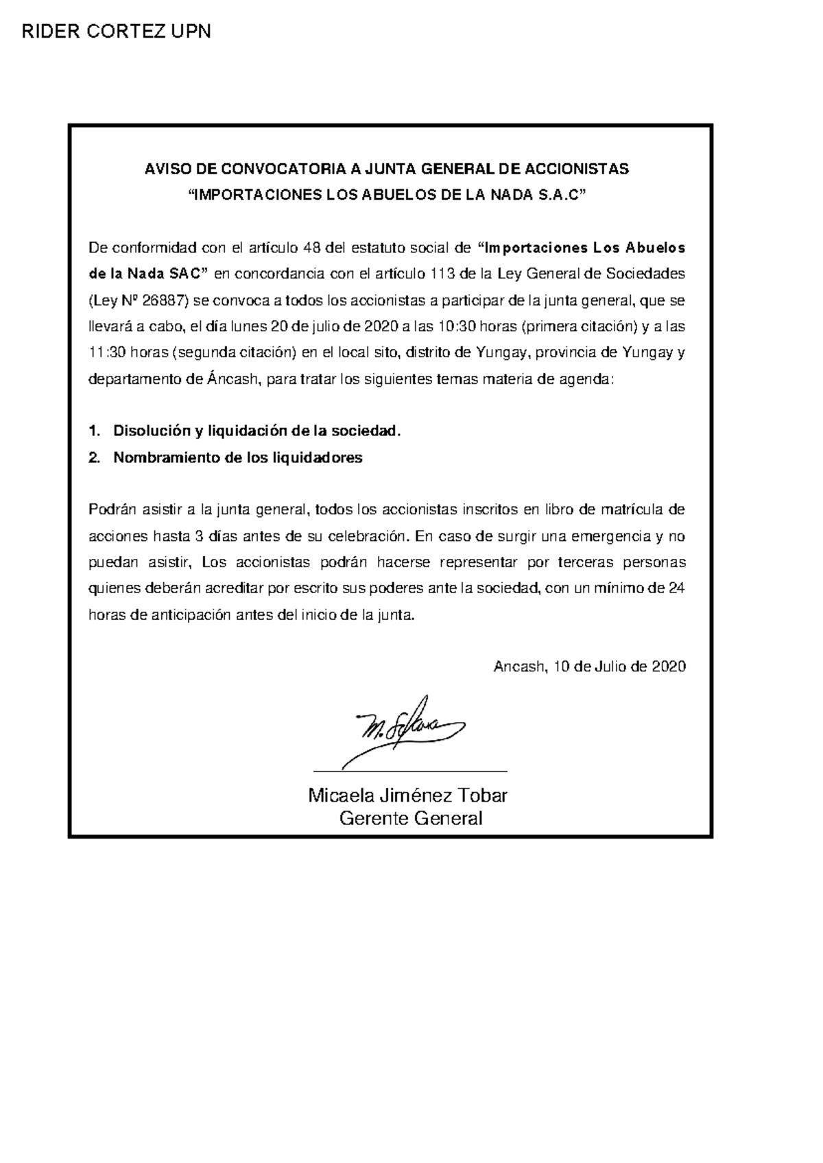 Convocatoria a Junta General de Accionistas - Importaciones Los Abuelos ...