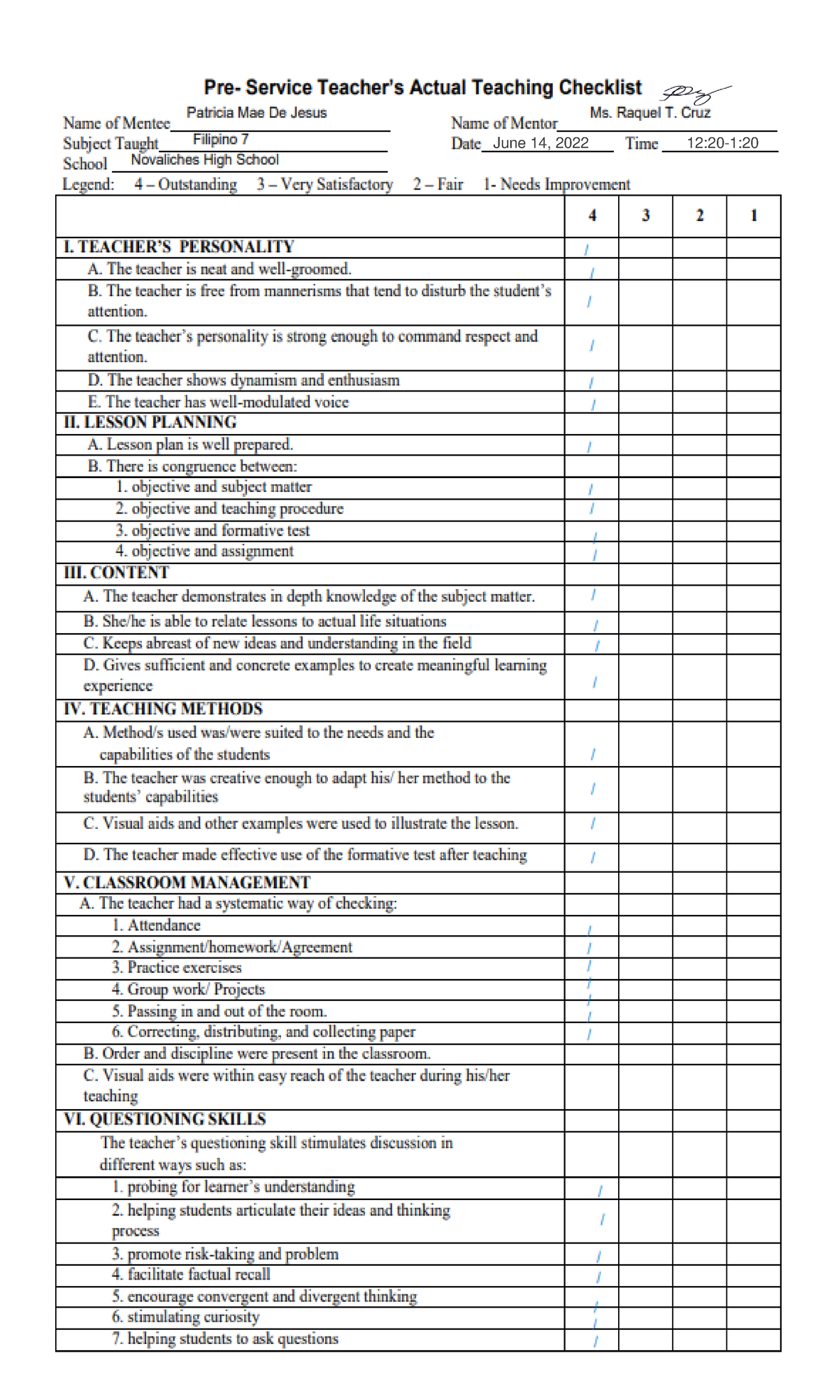 MAE-CT Filipino 7 Service Teaching Checklist by Patricia De Jesus - Studocu