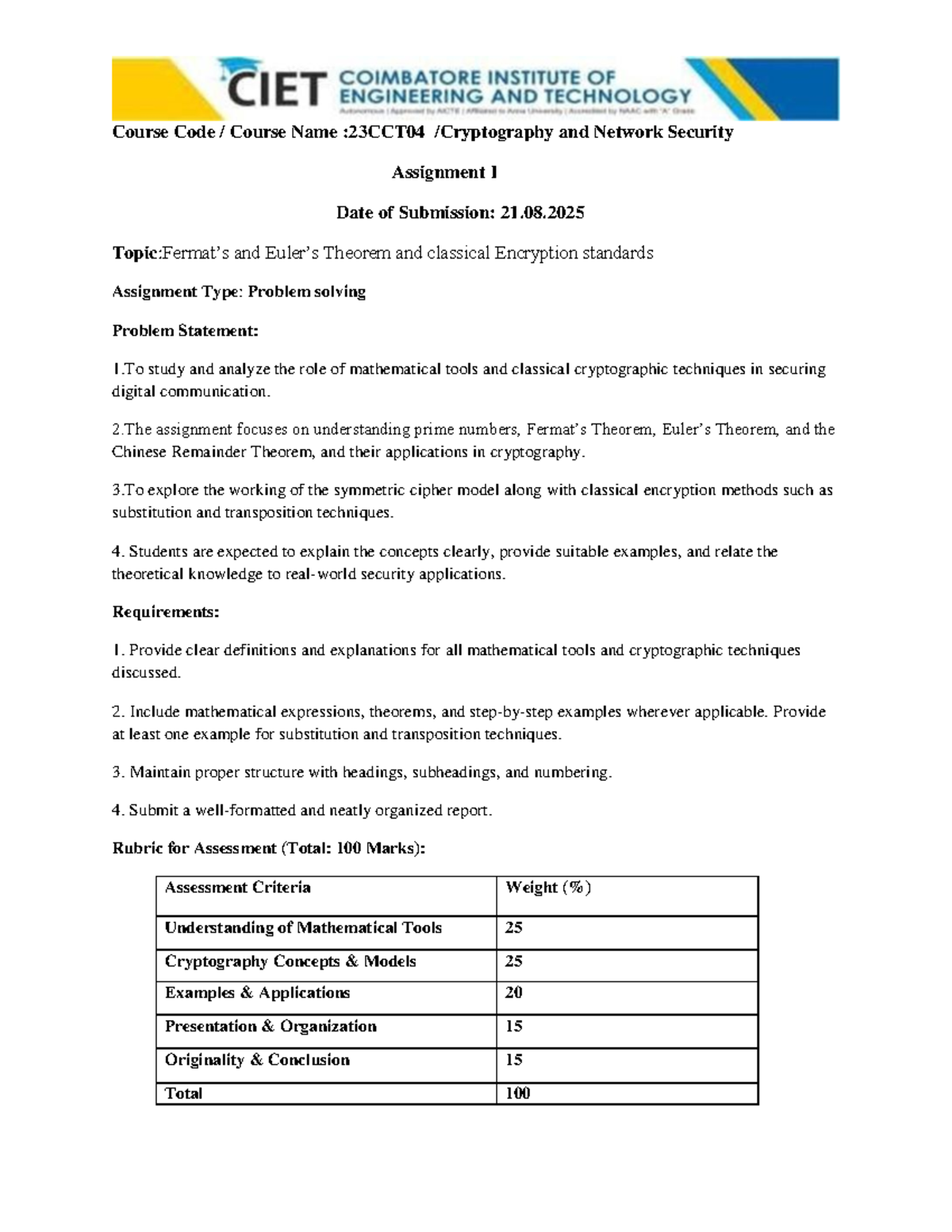 23CCT04 Network Security Assignment I: Classical Encryption & RSA - Studocu