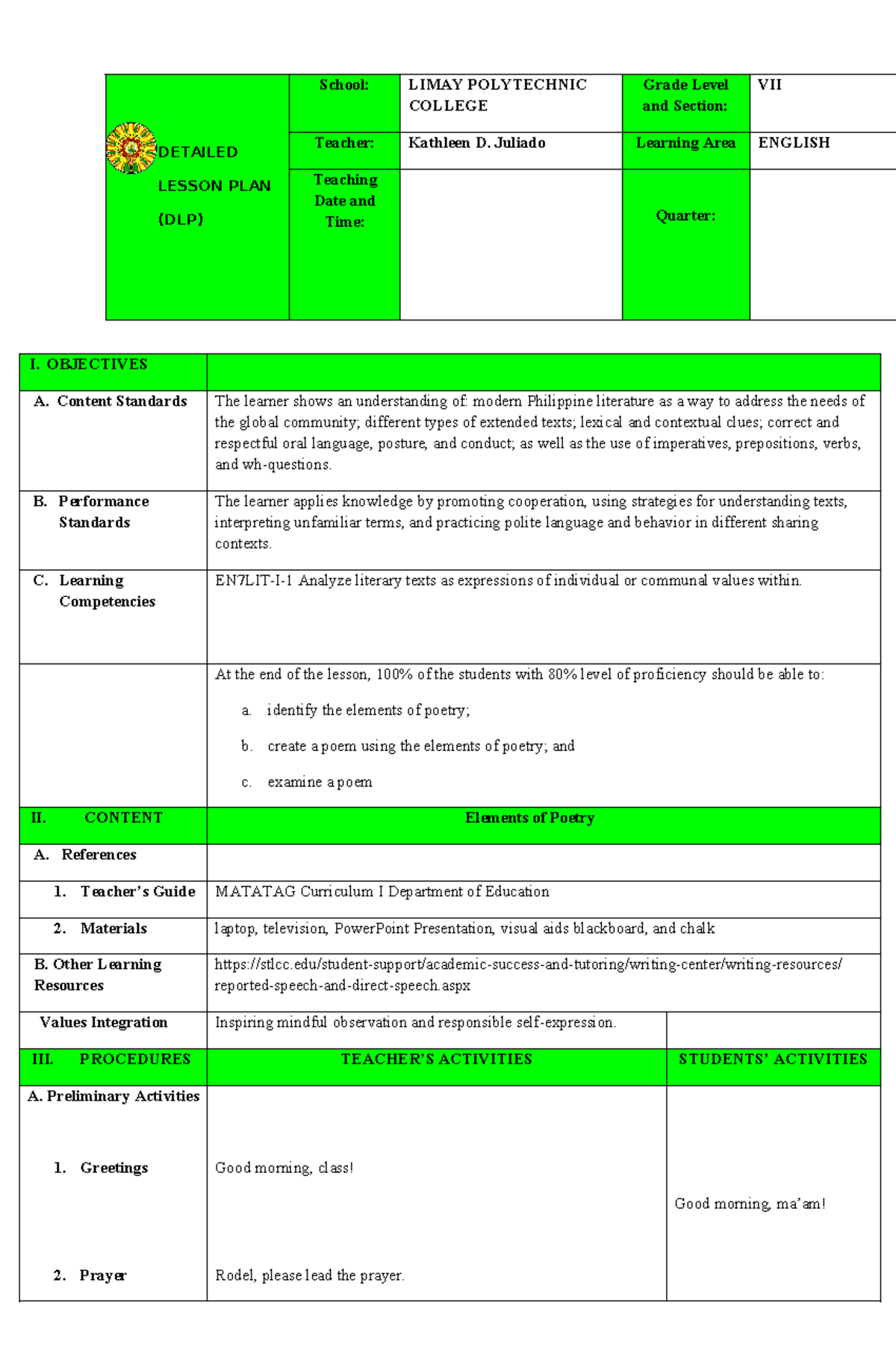DLP: Detailed Lesson Plan on Elements of Poetry for Grade VII - Studocu